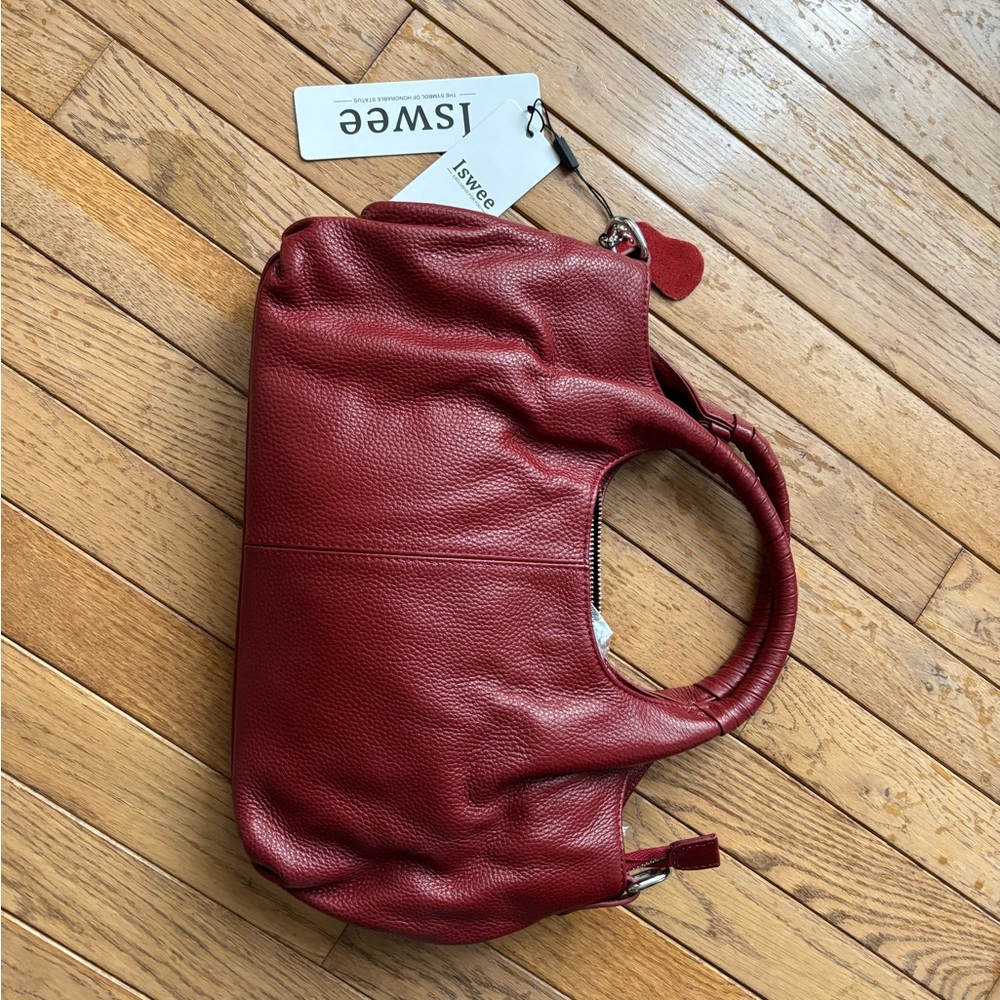 ISWEE Deep Red Pebbled Leather Shoulder Bag